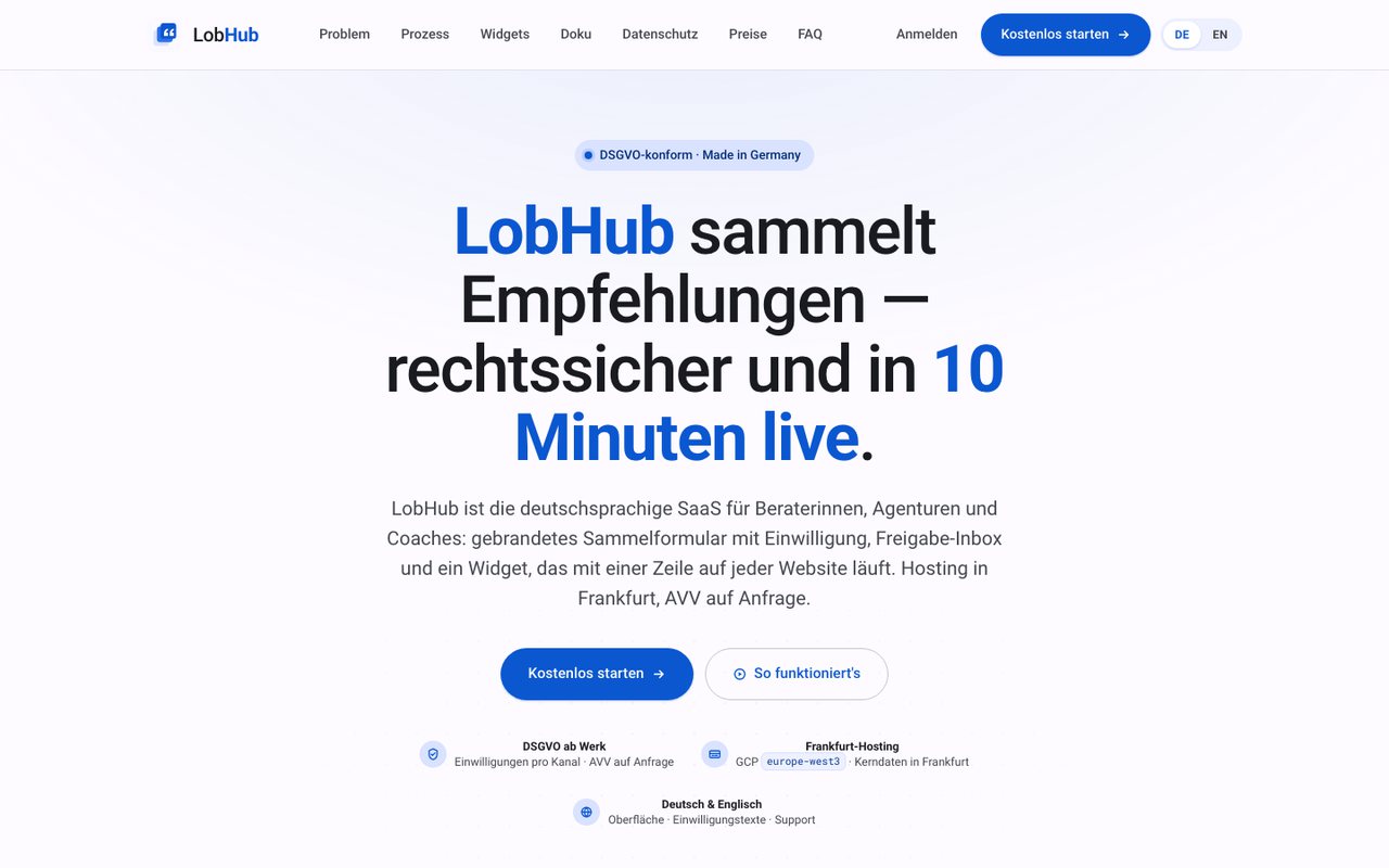 The LobHub home page: “LobHub sammelt Empfehlungen — rechtssicher und in 10 Minuten live”