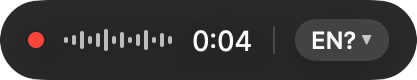 The VoxFlow Flow Bar while listening: a record dot, a live waveform, a 0:04 timer and a language selector