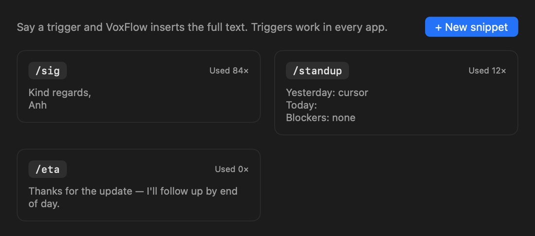 VoxFlow snippets: triggers such as /sig, /standup and /eta expanding into signatures and repeatable replies