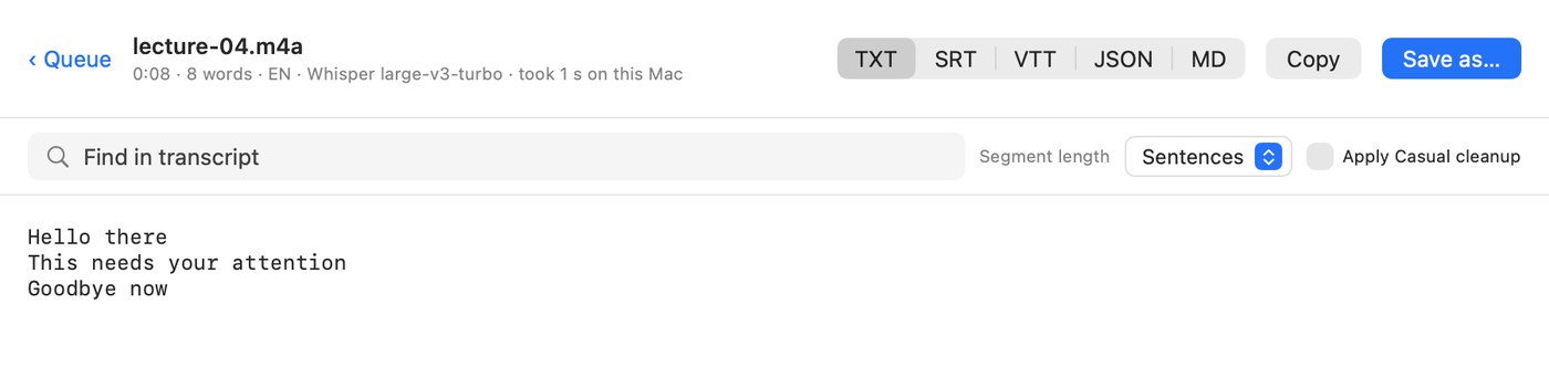 A finished VoxFlow transcript with a search field, segment length control and TXT, SRT, VTT, JSON and MD export options